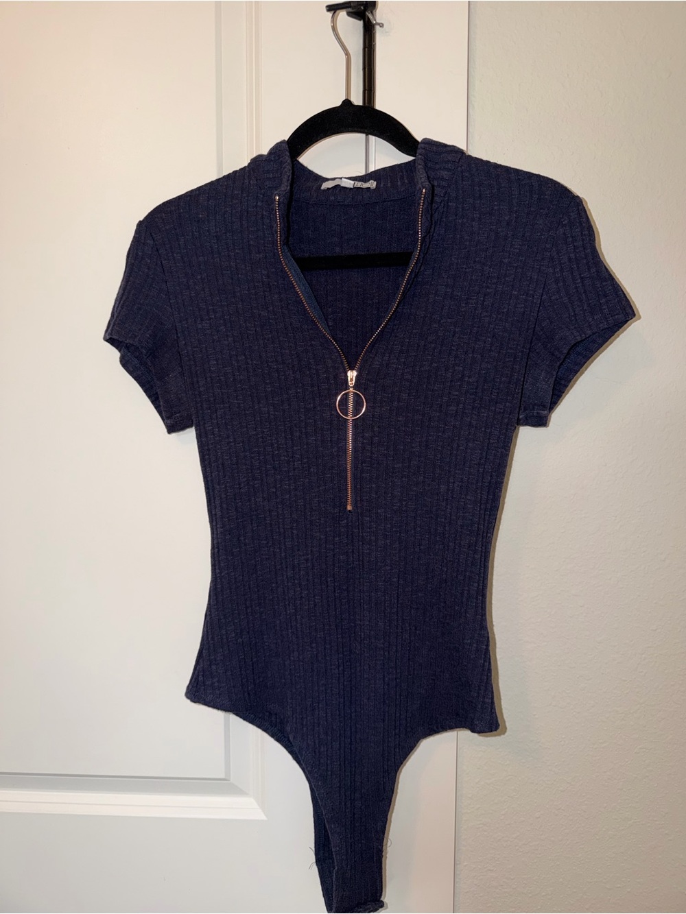 Navy Ribbed Short-Sleeve Zip-Front Bodysuit